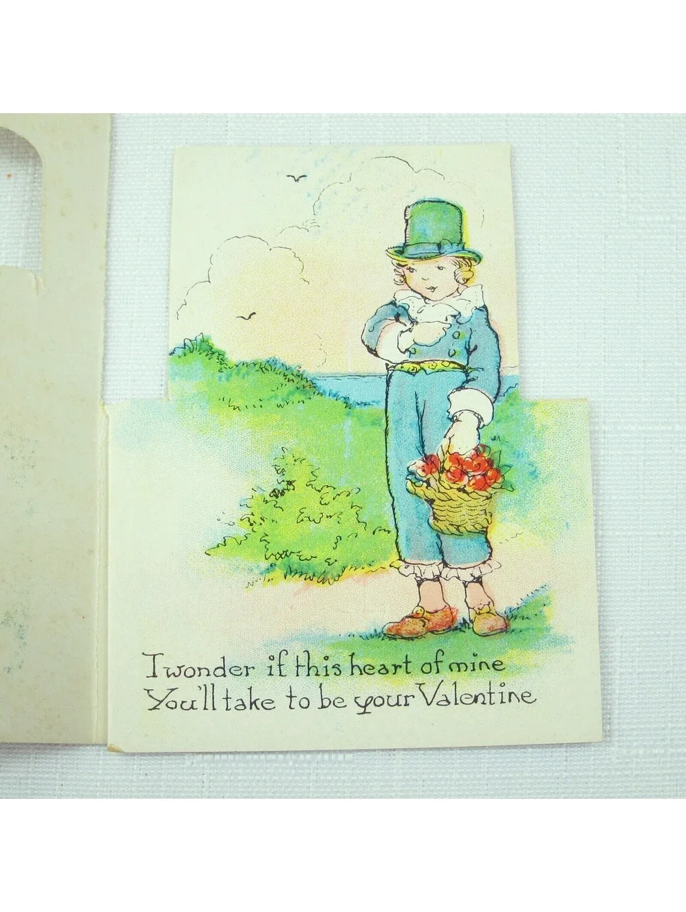 Vintage Valentine Die cut Fold 3D Card Cute Girl & Boy Garden 1920s-30s UNSIGNED